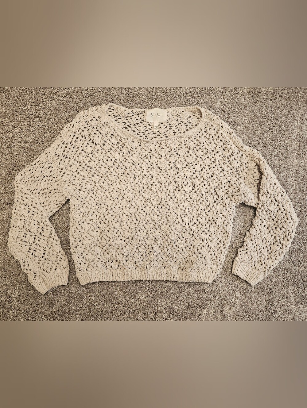 Cropped Open Knit Boho Womans Cream Sweater